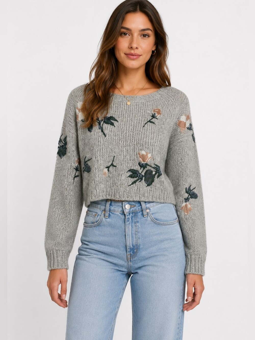 Woven Heart Floral Gray Sweater Medium